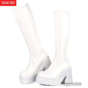 Knee High Platform Boots Chunky Heel Zipper Elastic Leather Women's Size